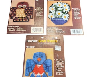 Vintage 80s Bucilla Cross Stitch Kits: Owl, Daisies, Bluebird