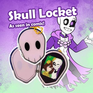 May include: A pink skull-shaped locket with black eye holes and a hinged opening, revealing a photo. The locket has a gold-colored clasp and is labeled "Skull Locket" with the text "As seen in comic!" in a purple and white design.