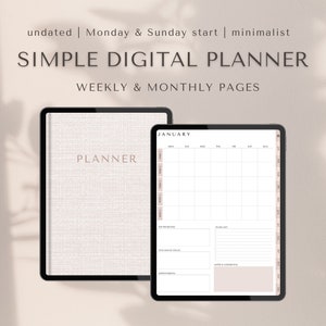 Simple Digital Planner, Minimalist Undated Planner, iPad Planner, GoodNotes Planner, Monthly & Weekly Planner, Portrait Digital Planner