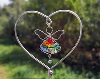 Sternenkind Grabschmuck bunt | Grabstecker Herz mit Engel & Kristallperlen | Sonnenfänger Trauerdeko | Geschenk Andenken handgemacht