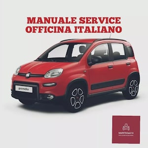 Può includere: Un'auto Panda rossa con dettagli neri e ruote bianche e nere. Il testo "MANUALE SERVICE OFFICINA ITALIANO" è in alto. L'auto ha la scritta "panda" sul davanti. Un quadrato rosso con la scritta "MAESTROAUTO" è in basso a destra.