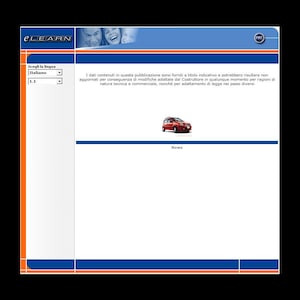 Può includere: Una pagina web con un design blu e arancione. Il banner superiore presenta la parola "eLEARN" e volti sorridenti. Una grafica di un'auto rossa è al centro. Il lato sinistro ha un menu di selezione della lingua. Il testo "News" è in basso.