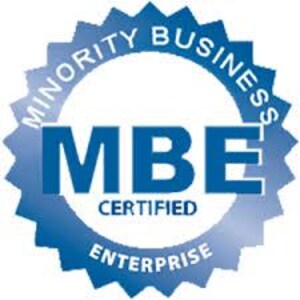 Puede incluir: Logotipo circular azul y blanco con el texto "Minority Business Enterprise" rodeando las letras "MBE" en una fuente más grande. El texto "Certified" aparece debajo de las letras "MBE" y el texto "Enterprise" aparece debajo de "Certified".