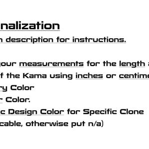 May include: White background with black text detailing personalization instructions. The text includes prompts for measurements in inches or centimeters, primary color, border color, and specific design color.