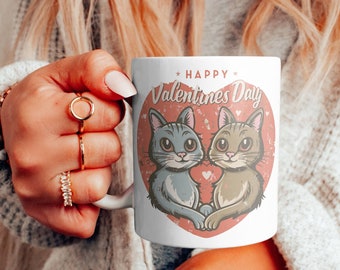 Happy Valentines Day Cats Retro-Style Coffee Mug, Retro Cat Mug, Girlfriend Gifts, Romantic Gifts for Her, Couple Mug, Gifts for Mom