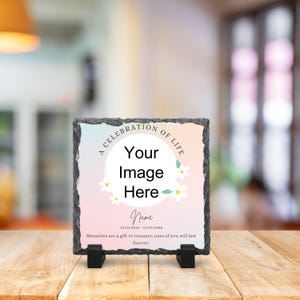 Personalisierte Gedenkfoto Schiefer Geschenk - Pastel Ombre Gänseblümchen Erinnerungsplakette mit Name, Foto & Nachricht - Verlust des geliebten Andenkens