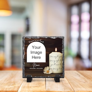 Personalised Memorial Photo Slate Gift – Wooden flower Candle Remembrance Plaque with Name, Photo & Message – Loss of Loved One Keepsake