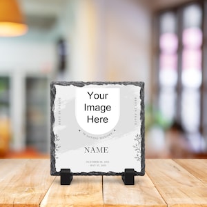 Personalised Memorial Photo Slate Gift – Grey Floral Remembrance Plaque with Name, Photo & Message – Loss of Loved One Keepsake