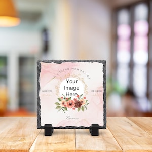 Personalised Memorial Photo Slate Gift – Pink and Gold Floral Remembrance Plaque with Name, Photo & Message – Loss of Loved One Keepsake