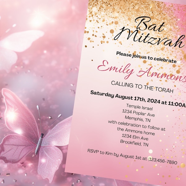 Bat Mitzvah Invite Editable Template Blush Pink Gold Girls Party Invitation Printable Corjl Digital Download