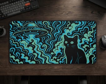 UFO Cat Desk Mat - Abstract Gaming Mousepad, Neon Aesthetic Desk Mat, Black Cat Mouse Pad, Sci-Fi Alien Gamer Desk Decor, Space Cat Gift