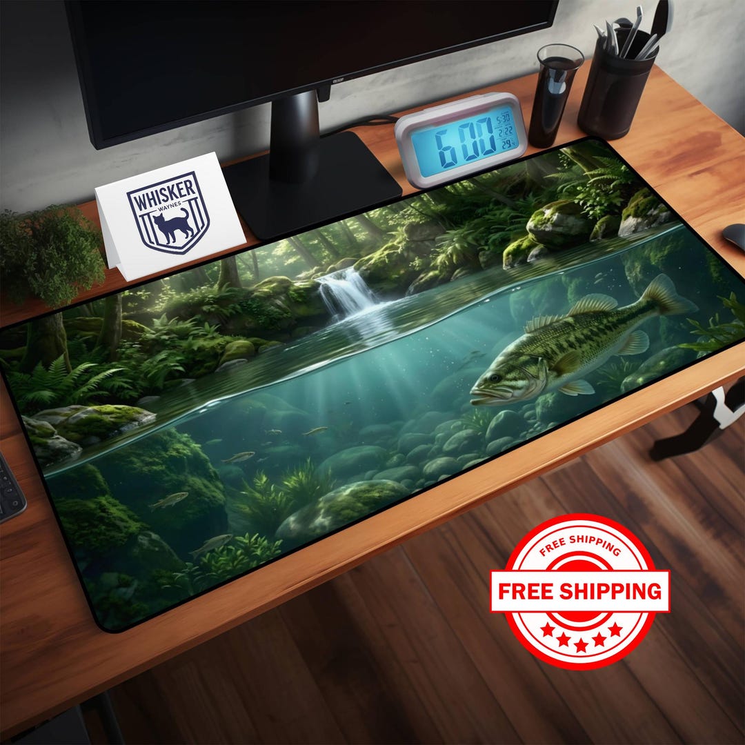 Fish Desk Mat - Large Bass Mouse Pad, Forest River Stream Nature Art ...