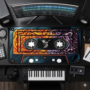 May include: A desk setup featuring a large, colorful mousepad with a cassette tape design. The mousepad has orange, purple, and blue hues. A curved monitor displays audio waveforms. Other items include speakers, a keyboard, headphones, and audio equipment.