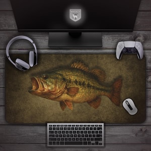 Rustic Fish Desk Mat - Fishing Mouse Pad, Largemouth Bass Fish Desk Decor, Fisherman Gift, Nature Office Desk Art, Unique Non-Slip Playmat