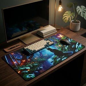 Black Cat Mousepad- Enchanted Forest Desk Mat, XL Gaming Desk Mat, Fantasy Nature Art Desk Decor, Whimsical Office Accessory, Cat Lover Gift