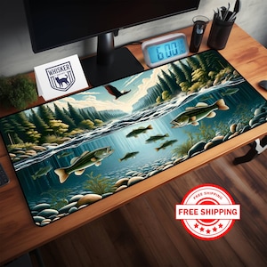 Fishing Landscape Desk Mat - XL Extended Mousepad with River, Fish and Forest Art, Bass Fish Nature Playmat, Fish Gift for Fisherman & Gamer