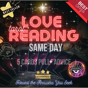 May include: A tarot card reading for love, with a black background and a neon red title that says "LOVE tarot READING SAME DAY". Five tarot cards are spread out on a wooden table, with a purple eye symbol and a star rating. The text "5 CARDS PULL + ADVICE" is visible on the cards.