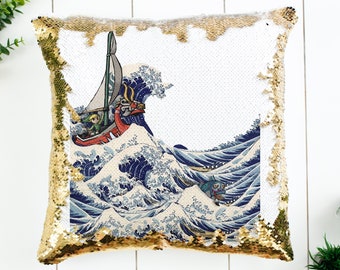 Legend of Zelda Windwaker The Great Wave off Kanagawa Sequin Pillow | Home Decor Pillow Case & Filling | Magic Pillow Decorative TOTK  BOTW