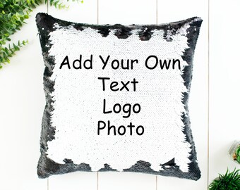 Custom Sequin Throw Pillow With Your Text Logo Photo | Home Decor | Pillow Case & Filling | Magic Pillow Decorative | Funny Gift | Gift Idea