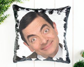 Rowan Atkinson Sequin Pillow | Home Decor | Pillow Case & Filling | Magic Pillow Decorative | Hidden Image Funny Gift Idea For Mr. Bean Fans