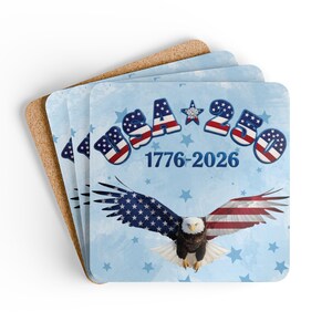 Set of 4 USA 250 Tribute Eagle American Flag Coasters, Corkwood MDF Blue Design