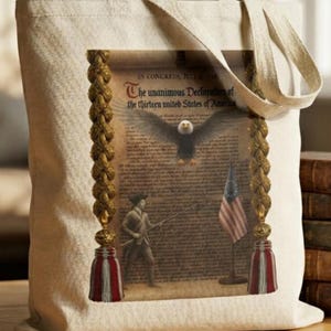 May include: A beige tote bag featuring a print of the Declaration of Independence with an eagle, a soldier, and an American flag. The bag has a braided rope design with tassels. The text reads "The unanimous Declaration of the thirteen united States of America."