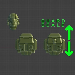 Puede incluir: Dos figuras en miniatura de plástico verde, un soldado con casco y un soldado con una calavera en el pecho. El texto "GUARD SCALE" está por encima de las figuras. Una flecha apunta hacia arriba y hacia abajo.
