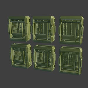 Könnte beinhalten: Sechs grüne Metall-Schränke mit Türen und Regalen. Jeder Schrank hat ein anderes Muster aus kleinen rechteckigen Löchern an den Türen.