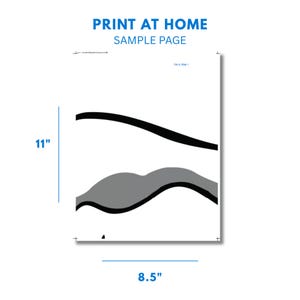 May include: A white sheet of paper with black and gray abstract shapes. The text "PRINT AT HOME SAMPLE PAGE" is at the top. The paper measures 8.5 inches wide and 11 inches tall.