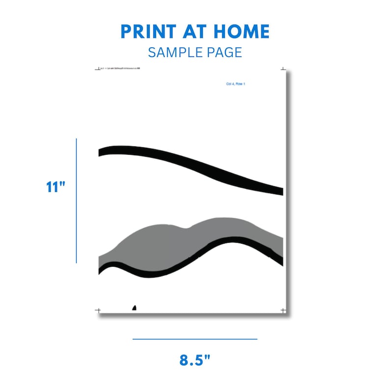 May include: A white sheet of paper with black and gray abstract shapes. The text "PRINT AT HOME SAMPLE PAGE" is at the top. The paper measures 8.5 inches wide and 11 inches tall.