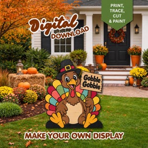 May include: A digital download graphic featuring a cartoon turkey wearing a black hat with a yellow buckle, holding a wooden sign that reads GOBBLE GOBBLE. The turkey has colourful tail feathers in red, orange, yellow, and teal, with yellow feet.
