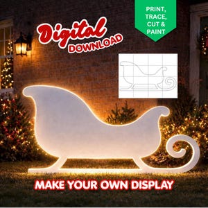 以下が含まれることがあります： 「デジタルダウンロード」と「Make Your Own Display」のテキストが入った、大きく照らされた白いそりのディスプレイ。緑色のバナーには「Print, Trace, Cut & Paint」と書かれています。小さなそりの輪郭も表示されています。