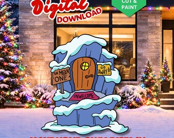 Op de afbeelding: Een digitale illustratie van een blauwe, met sneeuw bedekte grot ingang met een bruine houten deur. Borden lezen THE MEAN ONE en GO AWAY, met een rode mat met het opschrift UNWELCOME. Tekst bevat DIGITAL DOWNLOAD, PRINT, TRACE, CUT & PAINT.