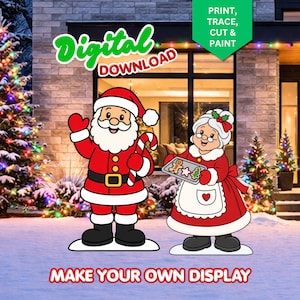 May include: A digital download graphic featuring a cartoon Santa Claus waving and holding a candy cane, alongside Mrs. Claus holding a tray of cookies. The text reads Digital Download, Print, Trace, Cut & Paint, and Make Your Own Display.