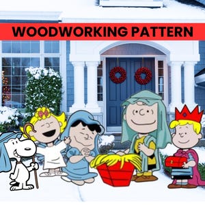 Może przedstawiać: Wzór do obróbki drewna dla szopki bożonarodzeniowej z postaciami z Peanuts. Snoopy jest ubrany w pasterza z laską, Lucy jest aniołem, Sally jest Marią, Linus jest Józefem, a Charlie Brown jest mędrcą.