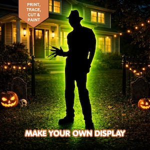 Puede incluir: Una silueta negra de una figura con sombrero y guante con cuchillas, de pie frente a una casa. La figura está iluminada con luz verde. La imagen incluye el texto "PRINT, TRACE, CUT & PAINT" y "MAKE YOUR OWN DISPLAY".