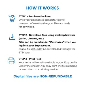 May include: A white graphic with blue text that reads "HOW IT WORKS" and instructions for purchasing, downloading, and printing digital files. The text includes steps and details about Etsy purchases and non-refundable digital files.
