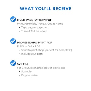 May include: White background with blue text that reads "WHAT YOU'LL RECEIVE". Below the text are three sections: Multi-Page Pattern PDF, Professional Print PDF, and SVG File. Each section has a list of features and a blue checkmark.