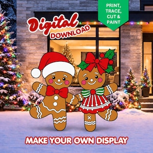 Könnte beinhalten: Eine digitale Download-Grafik mit zwei Lebkuchenfiguren. Eine trägt eine rote Weihnachtsmütze und Fliege, die andere eine rote Schleife mit Stechpalme. Text: Digital Download, Print, Trace, Cut & Paint, Make Your Own Display.