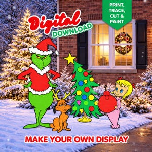 Könnte beinhalten: Eine digitale Download-Grafik mit einer grünen Figur im Weihnachtsmannkostüm, einem braunen Hund mit Geweih, einem geschmückten Weihnachtsbaum und einem blonden Kind mit einer roten Kugel. Der Text lautet Digital Download, Print, Trace, Cut & Paint, Make Your Own Display.