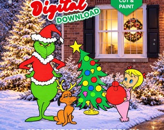 May include: A digital download graphic featuring a green character in a Santa suit, a brown dog with antlers, a decorated Christmas tree, and a blonde child holding a red ornament. Text reads Digital Download, Print, Trace, Cut & Paint, Make Your Own Display.