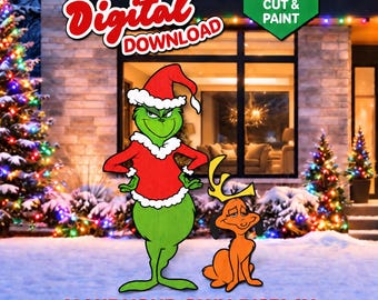 Op de afbeelding: Een digitaal downloadbestand met een groen personage in een rood kerstmanpak en een kleine oranje hond met een gewei. De tekst luidt Digital Download, Print, Trace, Cut & Paint en Make Your Own Display voor decoratieve doeleinden.