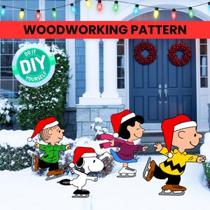 May include: A festive image featuring cartoon characters ice skating in a snowy setting. The characters are wearing Santa hats and colourful outfits. The text "WOODWORKING PATTERN" is displayed above.