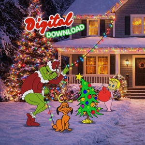 May include: A digital download image featuring the Grinch, Max, and Cindy Lou Who decorating a Christmas tree and house with lights. The Grinch is wearing a red Santa suit. The image includes the text "Digital Download".