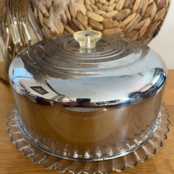 Vintage Knobbed Glass Cake Platter with Heavy Chrome Cake Lid 1950’s