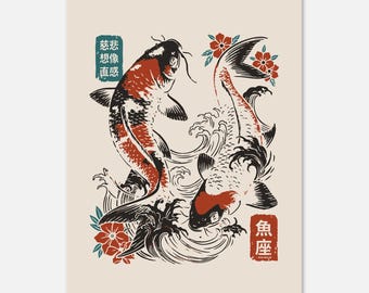 Poster with Hanger Kanji Zodiac sign Pisces, Japanese style