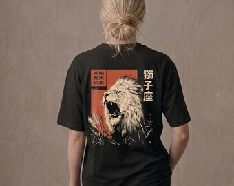 Loose fit T-shirt, 100% recycled with Zodiac sign Leo, japanese Kanji