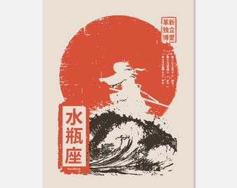 Poster with Hanger Kanji Zodiac sign Aquarius, Japanese style