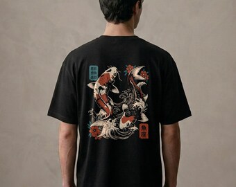 Loose fit T-shirt, 100% recycled with Zodiac sign Pisces, japanese Kanji