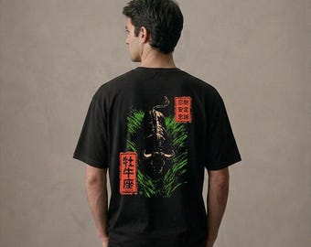 Loose fit T-shirt with Zodiac sign Taurus, japanese Kanji